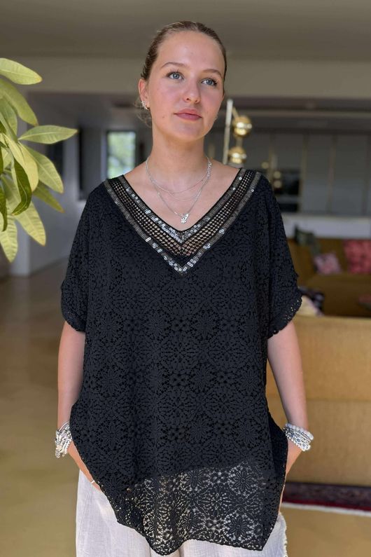 Made in Italy Love Shack Boho Shimmer Top Black